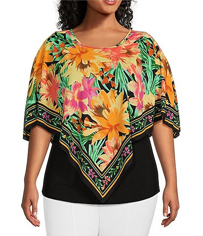 Slim Factor by Investments Plus Size Floral Print Round Neck 3/4 Sleeve Poncho