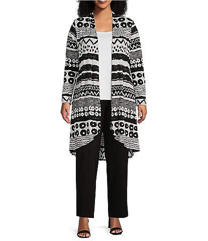 Slim Factor by Investments Plus Size Geo Stripe Print Open Front Long Sleeve Mesh Cardigan