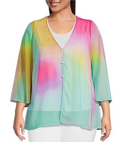 Slim Factor by Investments Plus Size Gradient Hues Print 3/4 Sleeve Faux Cardigan Blouse