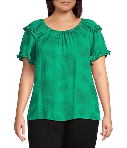 Slim Factor By Investments Plus Size Heidi Palm Jacquard Elastic Crew Neckline Short Sleeve Top