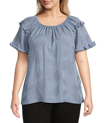 Slim Factor By Investments Plus Size Heidi Palm Jacquard Elastic Crew Neckline Short Sleeve Top