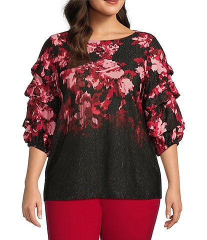 Slim Factor by Investments Plus Size Ikat Floral Border Print Boat Neck Three Tier Sleeve Top