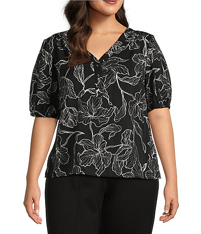 Slim Factor By Investments Plus Size Julia Floral Stencil Print V-Neck Short Sleeve Top