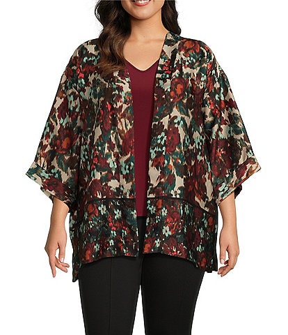 Slim Factor by Investments Plus Size Abstract Print Open-Front Short Sleeve Short Kimono