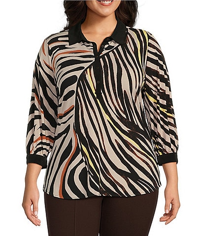 Slim Factor by Investments Plus Size Palm Leaf Print 3/4 Sleeve Button Front Placket Point Collar Henley Knit Top