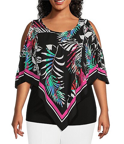 Slim Factor by Investments Plus Size Palm Print Round Neck 3/4 Sleeve Poncho