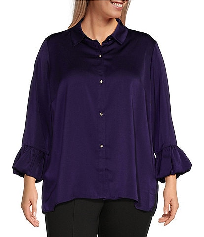 Slim Factor by Investments Plus Size Point Collar Y-Neck 3/4 Sleeve Bubble Cuff Button Down Top