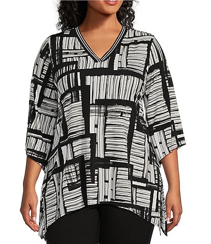 Slim Factor by Investments Plus Size Printed V-Neck 3/4 Sleeve Rib Trim Knit Tunic