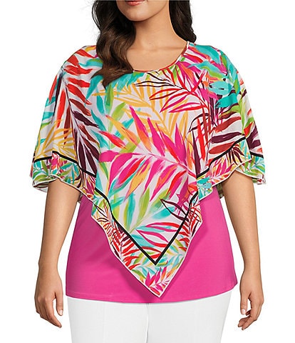 Slim Factor by Investments Plus Size Rainbow Leaves Print Round Neck 3/4 Sleeve Poncho