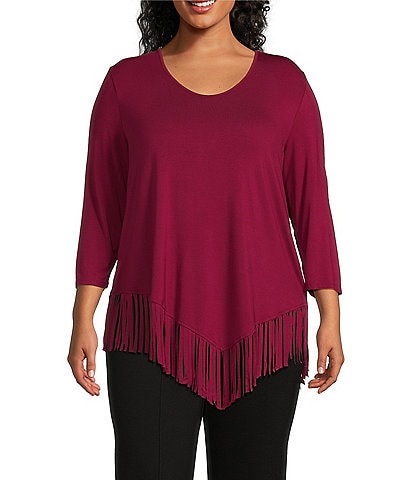 Slim Factor By Investments Plus Size Rounded V-Neck 3/4 Sleeve Fringe Knit Top