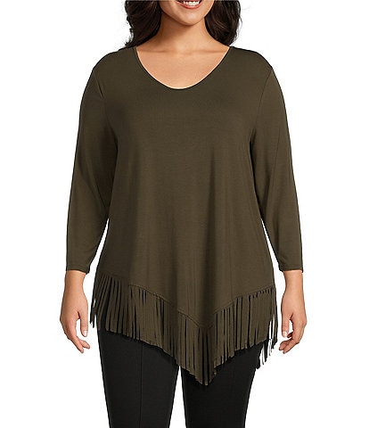 Slim Factor By Investments Plus Size Rounded V-Neck 3/4 Sleeve Fringe Knit Top