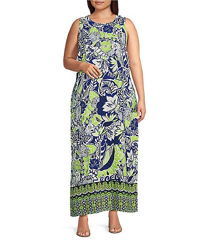 Slim Factor by Investments Plus Size Royal Blue Aloha Border Print Sleeveless Crew Neck Maxi Dress