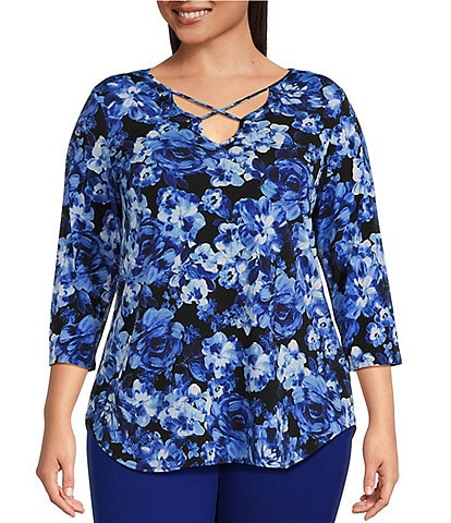 Slim Factor by Investments Plus Size Royal Bouquet Print V-Neck Criss Cross 3/4 Sleeve Knit Top