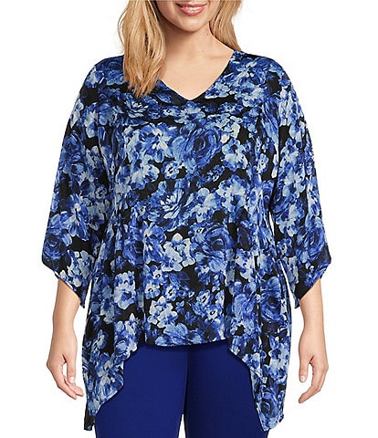 Slim Factor by Investments Plus Size Royal Bouquet V-Neck 3/4 Angled Sleeve Top