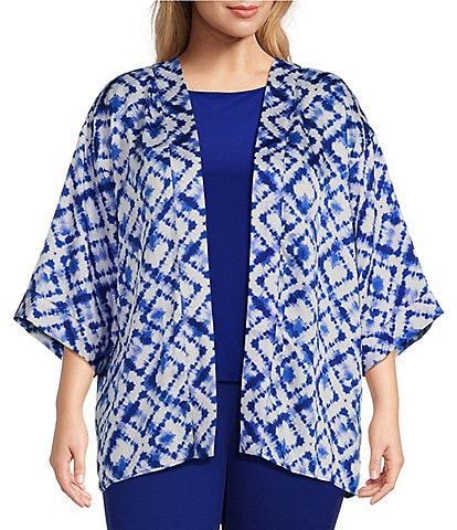 Slim Factor by Investments Plus Size Royal Tie Dye 3/4 Sleeve Kimono