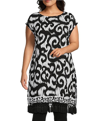 Slim Factor by Investments Plus Size Scrolling Ikat Print Boat Neck Capped Sleeve Tassel Trim Tunic