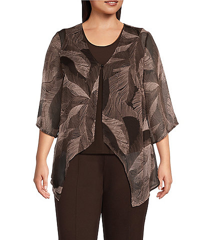 Slim Factor by Investments Plus Size Stippled Leaves Print 3/4 Sleeve Faux Cardigan Blouse