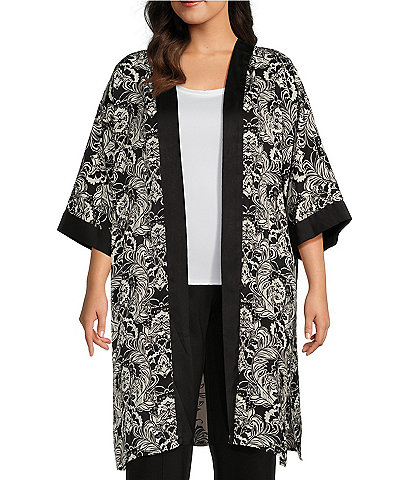 Slim Factor by Investments Plus Size Stylized Floral Placement Print 3/4 Sleeve Long Kimono