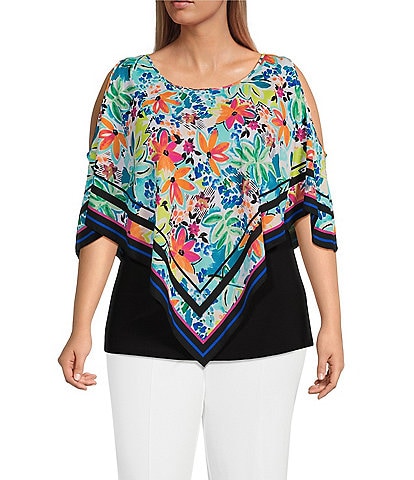 Slim Factor by Investments Plus Size Watercolor Floral Print Round Neck 3/4 Sleeve Poncho