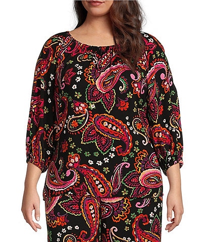Slim Factor by Investments Plus Size Watercolor Paisley Print Coordinating 3/4 Sleeve Top