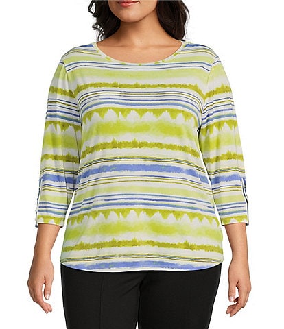 Slim Factor by Investments Plus Size Watercolor Stripe Print Crew Neck 3/4 Sleeve Snaps Top