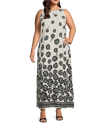 Slim Factor by Investments Plus Size Woodblock Daisy Print Sleeveless Crew Neck Maxi Dress