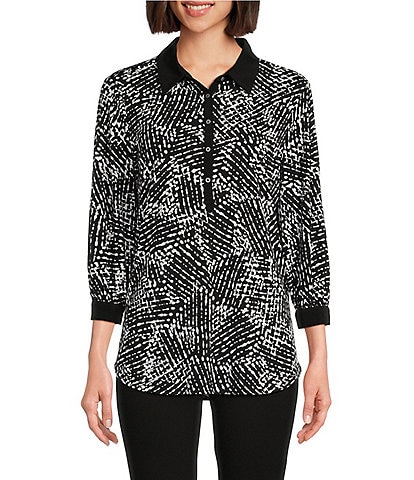 Slim Factor by Investments Point Collar Neck 3/4 Sleeve Abstract Print Partial Button Front Henley Top