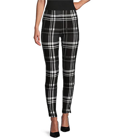 Slim Factor by Investments Ponte Knit Black White Plaid Print No Waist Leggings