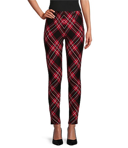 Slim Factor by Investments Ponte Knit Red Plaid Print No Waist Leggings