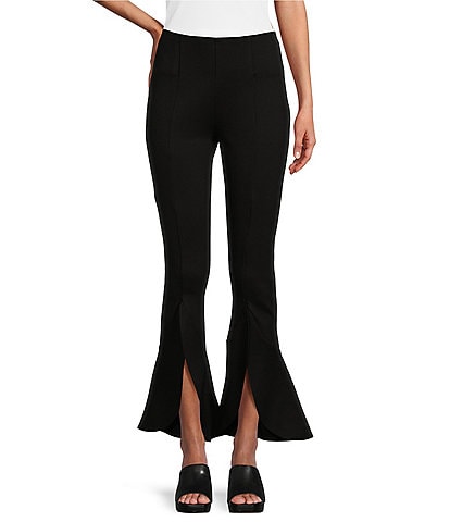 Slim Factor by Investments Ponte Knit Ruffle Front Slit Kick Flare Pants