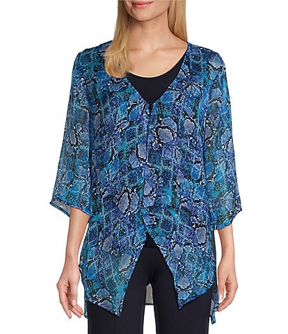 Slim Factor by Investments Python Print 3/4 Sleeve Faux Cardigan Blouse