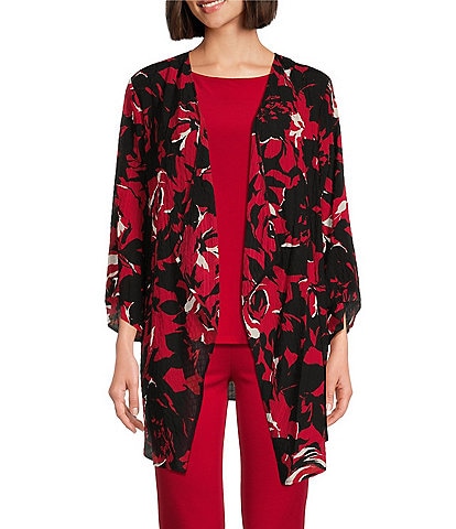 Slim Factor By Investments Roses Print 3/4 Sleeve Open Front Draped Cardigan