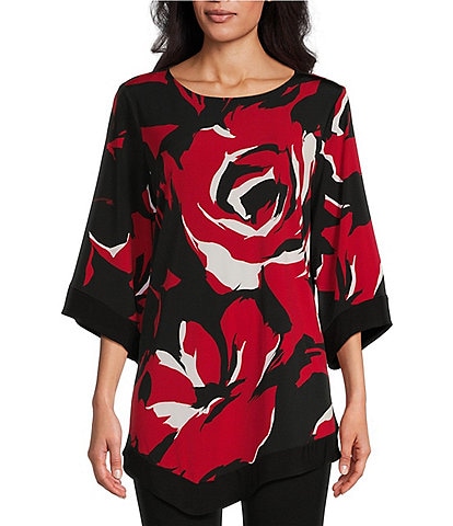 Slim Factor by Investments Roses Print Round Neck 3/4 Sleeve Angled Hem Top
