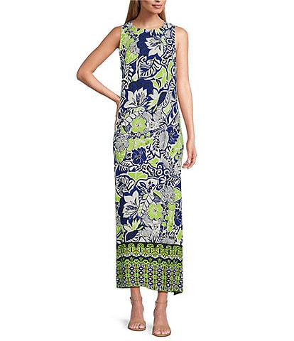 Slim Factor by Investments Royal Blue Aloha Border Print Sleeveless Crew Neck Maxi Dress