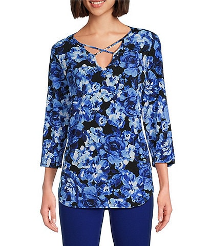 Slim Factor by Investments Royal Bouquet Print V Neck Criss Cross 3/4 Sleeve Knit Top