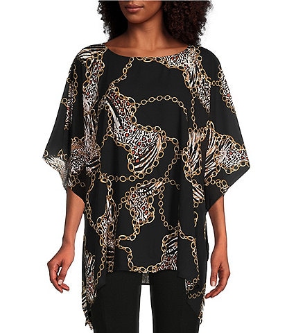 Slim Factor by Investments Scattered Chain Print Round Neck 3/4 Sleeve Poncho Top