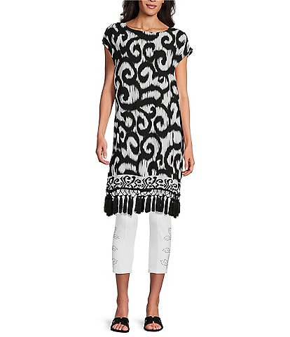 Slim Factor by Investments Scrolling Ikat Print Boat Neck Capped Sleeve Tassel Trim Tunic