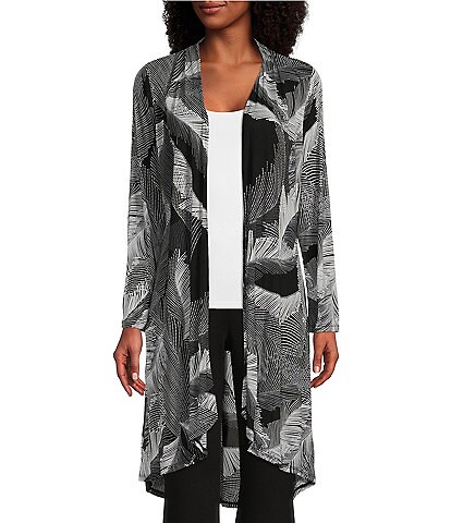 Slim Factor By Investments Stippled Leaves Print Long Sleeve Mesh Cardigan