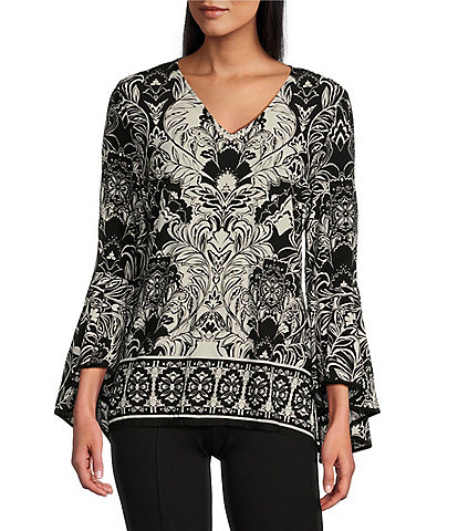 Slim Factor by Investments Stylized Floral Border Print Ruffle 3/4 Sleeve V-Neck Top