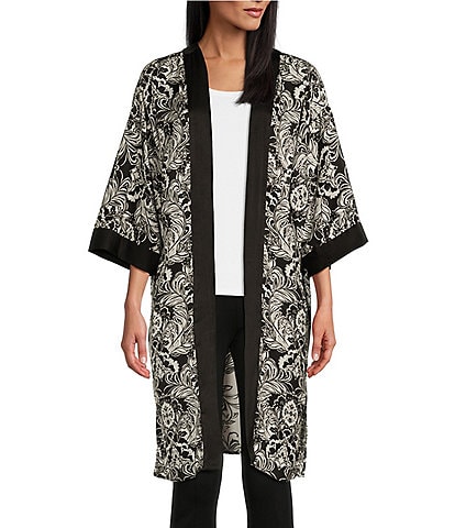 Slim Factor by Investments Stylized Floral Placement Print 3/4 Sleeve Long Kimono