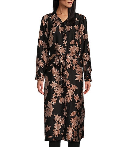 Slim Factor by Investments Textured Floral  Point Collar Long Sleeve Self-Tie Button Front Maxi Duster