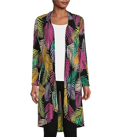 Slim Factor by Investments Tropical Palm Print Open Front Mesh Cardigan