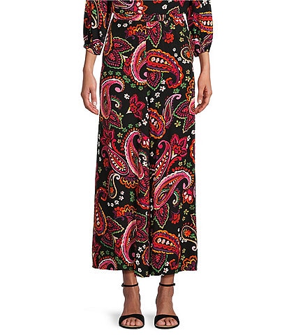 Slim Factor by Investments Watercolor Paisley Print Wide Leg Coordinating Ankle Pants