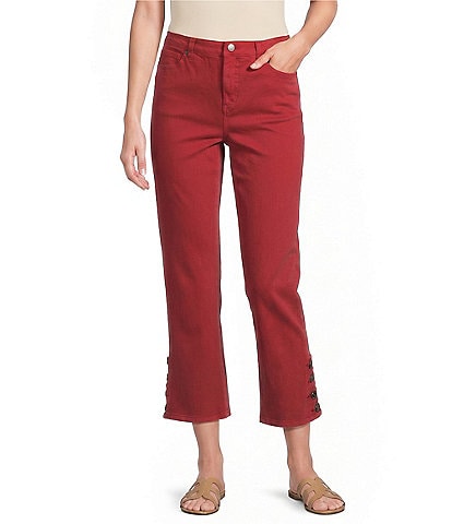 Slimsation® by Multiples Petite Size Stretch Denim 4 Button Scalloped Edge Hem Crop Pants