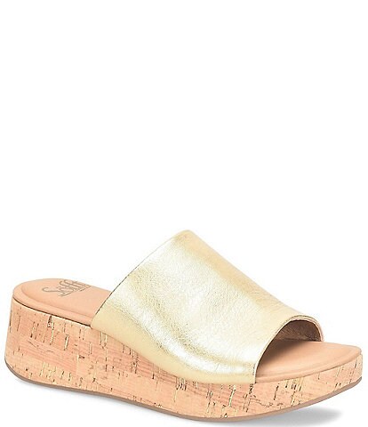 Sofft Fawn Leather Slip-On Cork Wedge Sandals