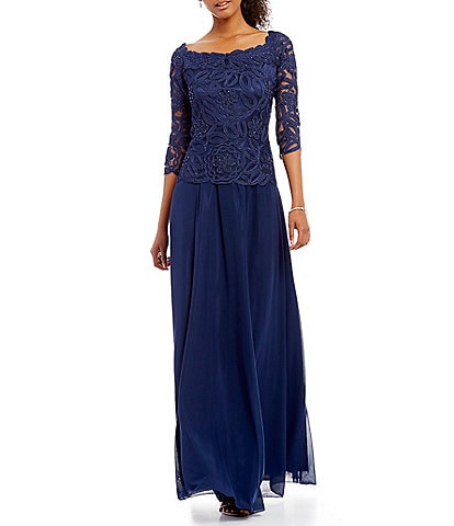 Soulmates Embroidered Floral Lace Bodice 3/4 Sleeve Square Neck Gown