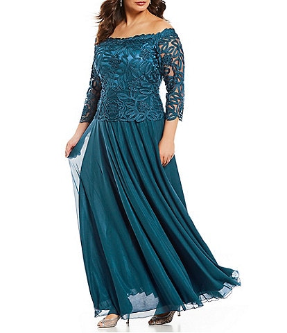 Soulmates Plus Size Off-the-Shoulder 3/4 Sleeve Beaded Bodice Lace Gown