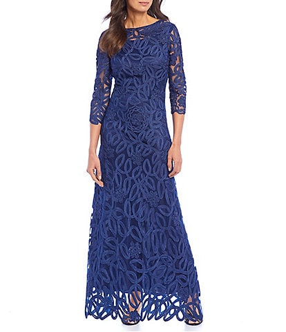 Soulmates Soutache Embroidered Floral Beaded Boat Neck 3/4 Sleeve Sheath Gown