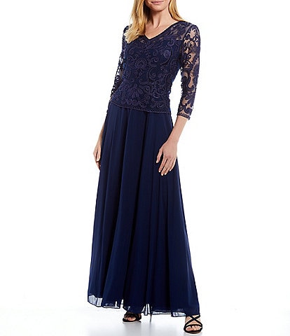 Soulmates V-Neck 3/4 Sleeve Lace Bodice A-Line Gown