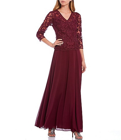 Soulmates V-Neck 3/4 Sleeve Soutache Lace Bodice A-Line Gown